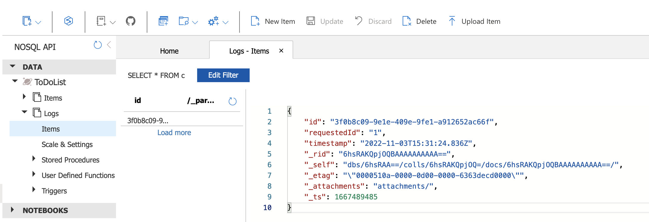 New log document in Azure Portal